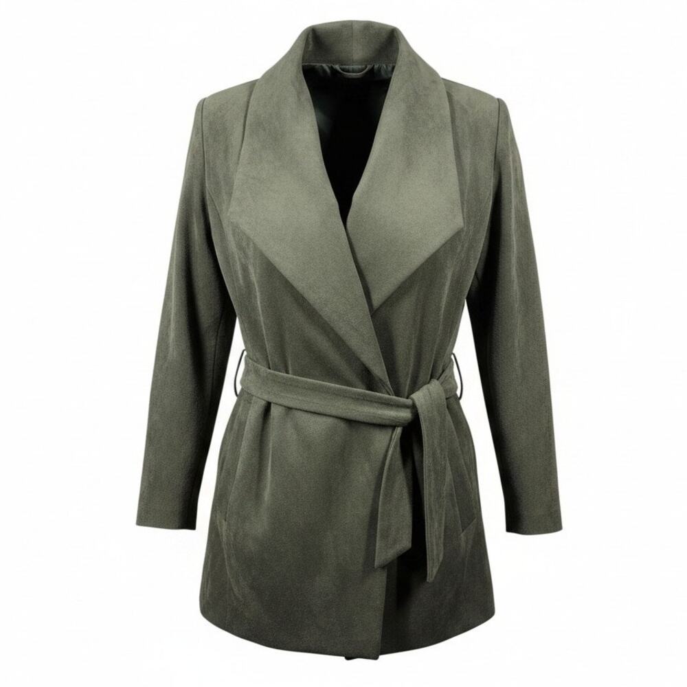 Flawless Wrap Jacket Womens XS Olive Green Faux Suede Belted Trench Coat NWT